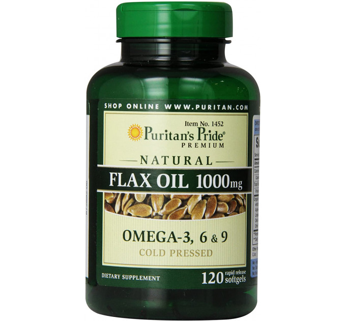 Puritan's Pride Premium Natural Flax Oil 1000 mg Omega-3, 6 & 9, Натуральное льняное масло 120 капсул